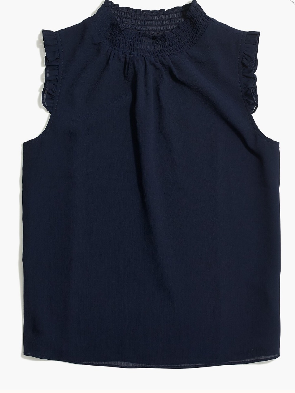 J Crew Factory Navy Blue Mockneck Ruffle Trim Crepe Tank Top Shirt Size 14